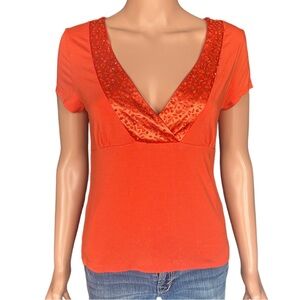 EVIE Orange V-Neck Blouse with beaded neckline